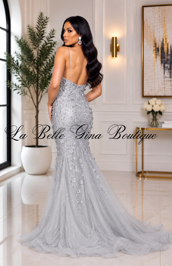Celestial Bloom 3D Floral Mermaid Gown – Glitter Tulle V-Neck Formal Maxi Dress