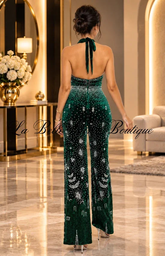 Glamour Queen Rhinestone Halter Jumpsuit – Sparkly Wide-Leg Evening Outfit