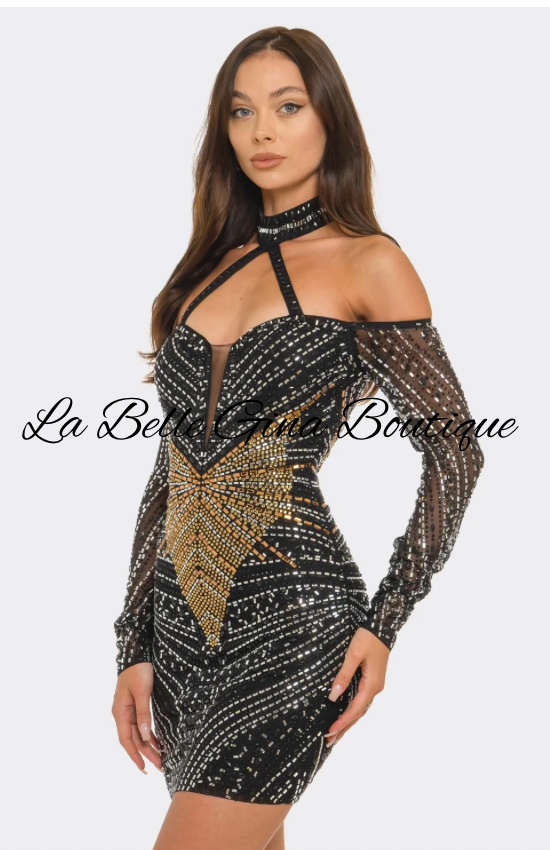 Midnight Luxe Rhinestone Mini Dress | Glam Sparkly Bodycon Party Dress | La Belle Gina Boutique