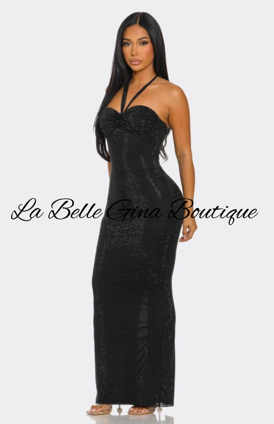 Luxury Sparkle Halter Maxi Gown – Curve Hugging Back Lace-Up Evening Dress | La Belle Gina Boutique