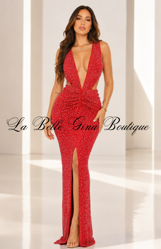 Luxe Rhinestone Cutout Maxi Dress – Deep V\-Neck Bodycon Formal Gown