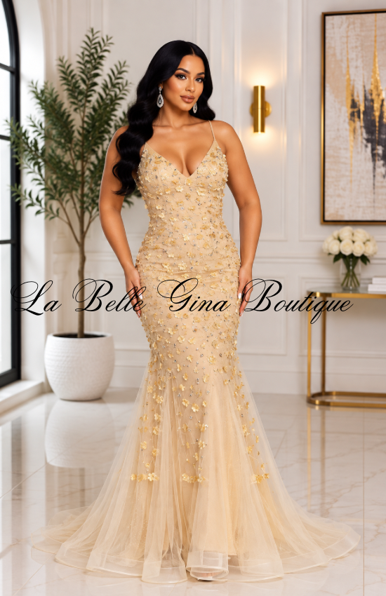 Celestial Bloom 3D Floral Mermaid Gown – Glitter Tulle V-Neck Formal Maxi Dress