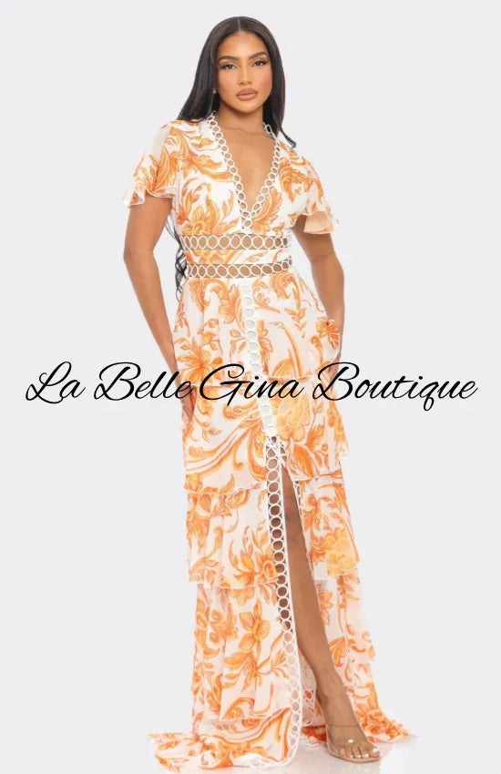 Tropical Print Maxi Dress with Cutout Waist & Tiered Skirt – Resort & Vacation Glam