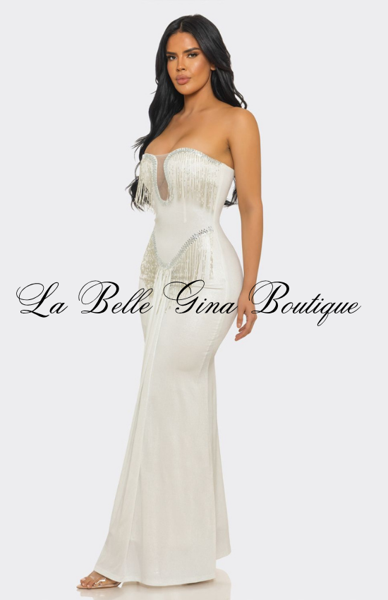 Strapless Rhinestone Fringe Maxi Dress | Elegant Mermaid Evening Gown