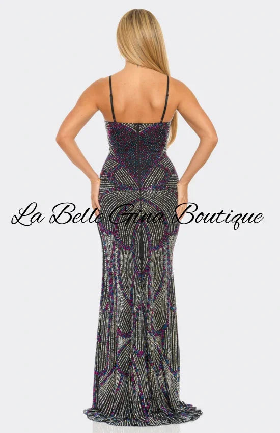 Glam Rhinestone Cutout Gown – Sparkling Evening Dress with High Slit