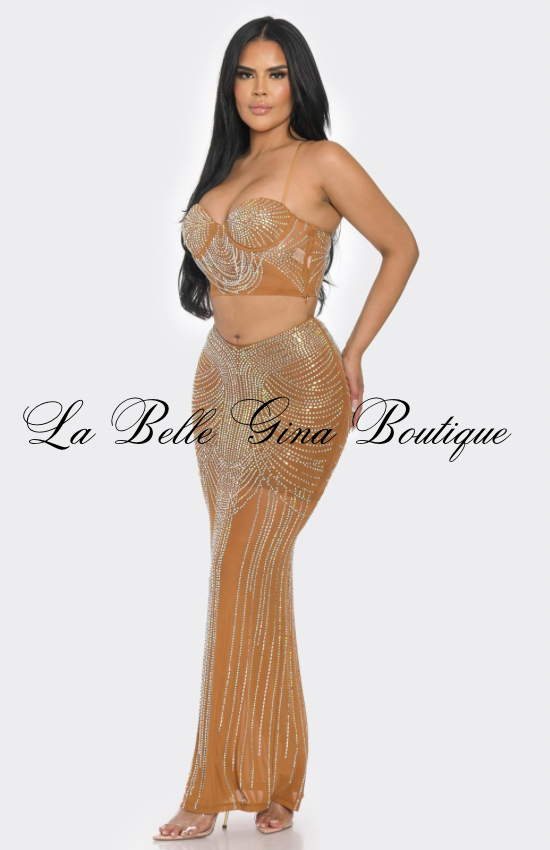 Rhinestone Two-Piece Skirt Set – Crystal Embellished Crop Top & Maxi Skirt | Glam Evening Outfit