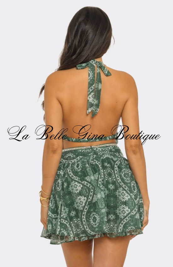 Boho Muse Paisley Halter Mini Dress – Deep V-Neck Flowy Vacation Dress