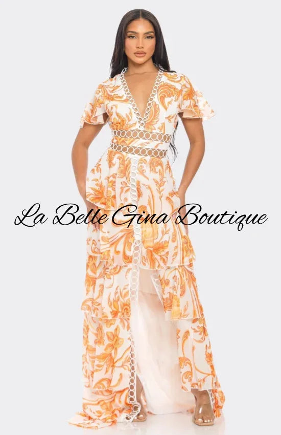 Tropical Print Maxi Dress with Cutout Waist & Tiered Skirt – Resort & Vacation Glam