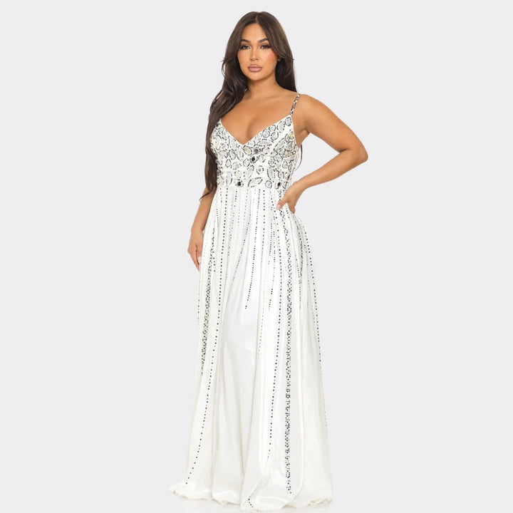 Gina Luxury Rhinestone Embellished Evening Gown – Long Prom, Gala & Red Carpet Dress