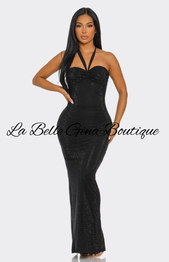 Luxury Sparkle Halter Maxi Gown – Curve Hugging Back Lace-Up Evening Dress | La Belle Gina Boutique