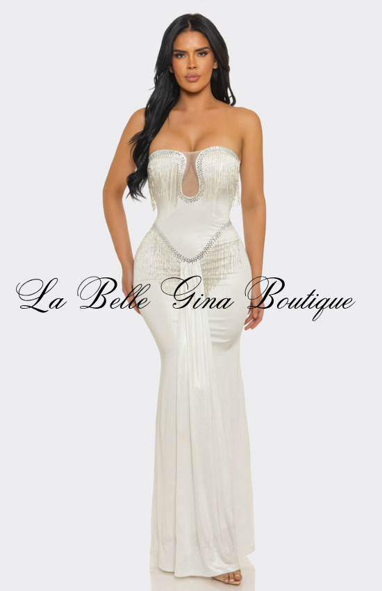 Strapless Rhinestone Fringe Maxi Dress | Elegant Mermaid Evening Gown