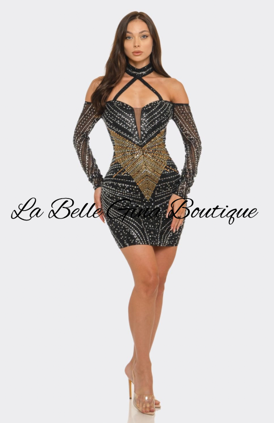 Midnight Luxe Rhinestone Mini Dress | Glam Sparkly Bodycon Party Dress | La Belle Gina Boutique