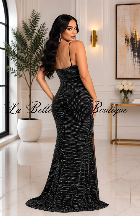 Midnight Radiance Rhinestone Maxi Gown – Sparkle Ruched High-Slit Formal Dress