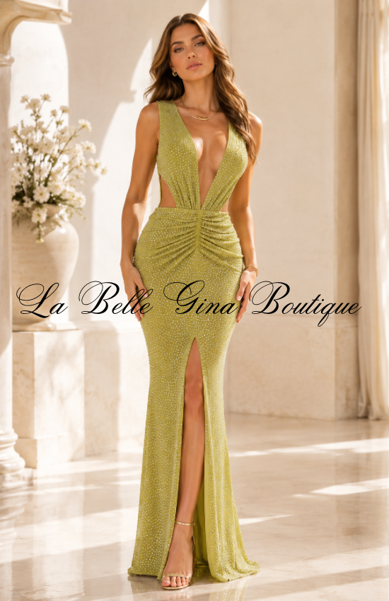Luxe Rhinestone Cutout Maxi Dress – Deep V\-Neck Bodycon Formal Gown