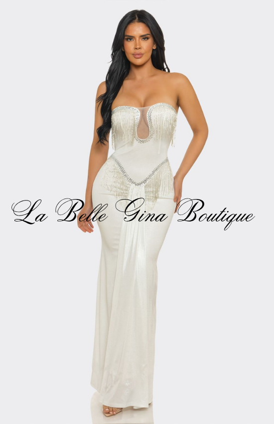 Strapless Rhinestone Fringe Maxi Dress | Elegant Mermaid Evening Gown