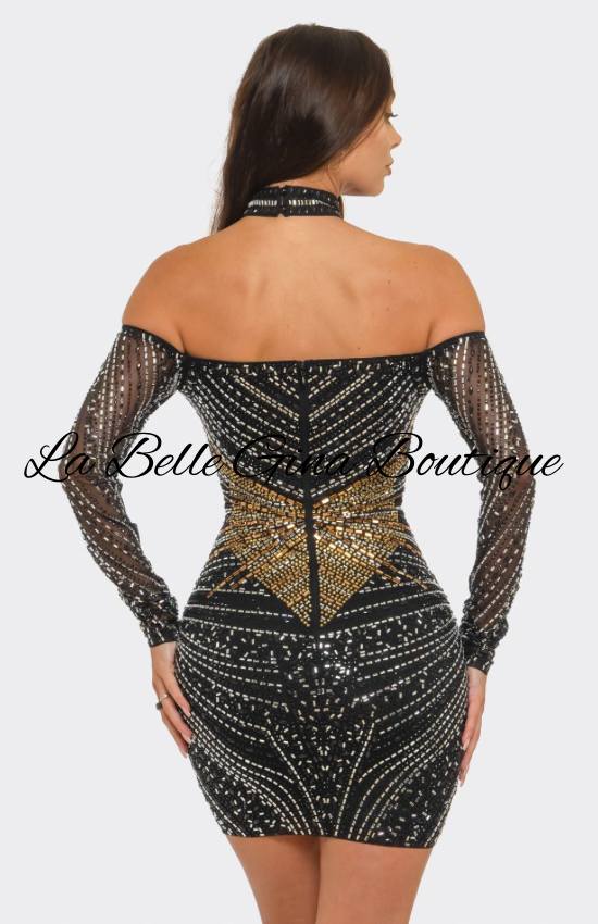 Midnight Luxe Rhinestone Mini Dress | Glam Sparkly Bodycon Party Dress | La Belle Gina Boutique