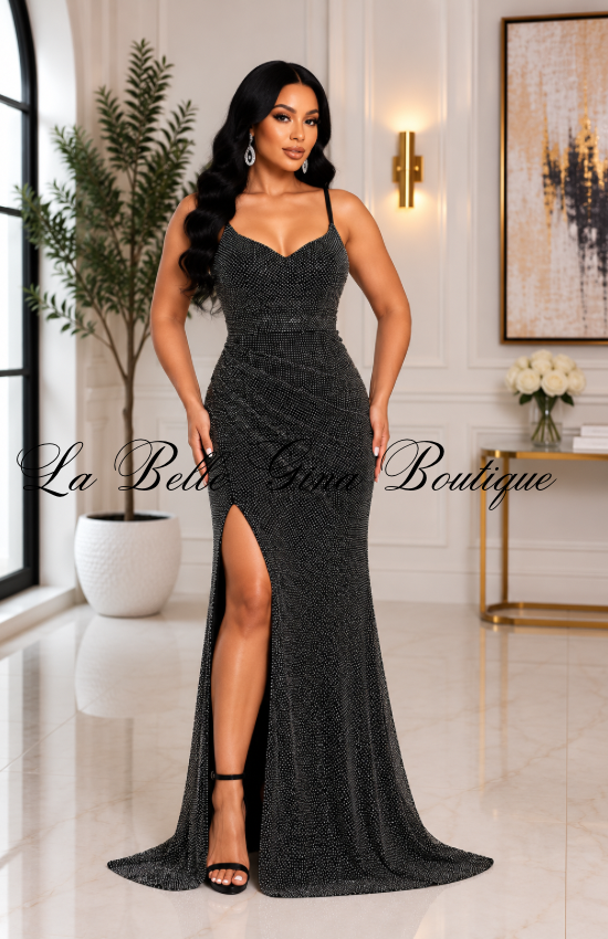 Midnight Radiance Rhinestone Maxi Gown – Sparkle Ruched High-Slit Formal Dress