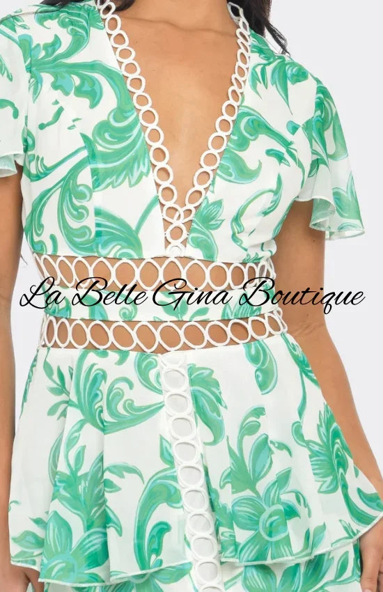 Tropical Print Maxi Dress with Cutout Waist & Tiered Skirt – Resort & Vacation Glam