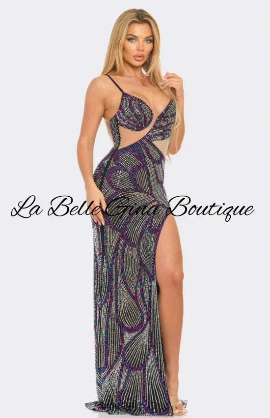 Glam Rhinestone Cutout Gown – Sparkling Evening Dress with High Slit