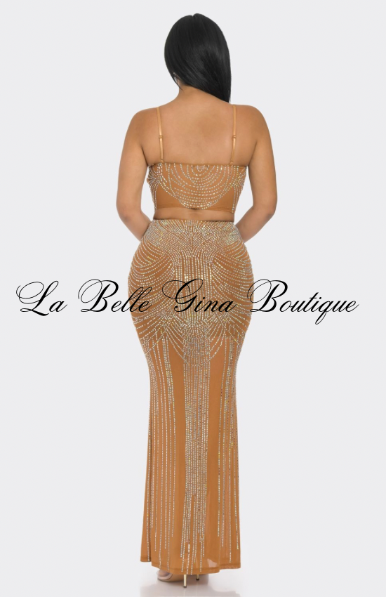 Rhinestone Two-Piece Skirt Set – Crystal Embellished Crop Top & Maxi Skirt | Glam Evening Outfit