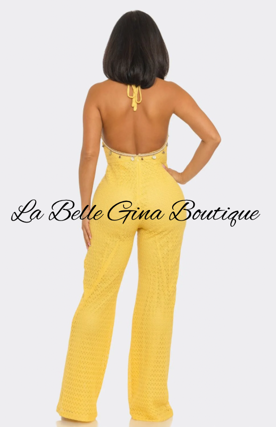 Soleil Crochet Halter Jumpsuit | Elegant Wide Leg Vacation Jumpsuit | La Belle Gina Boutique