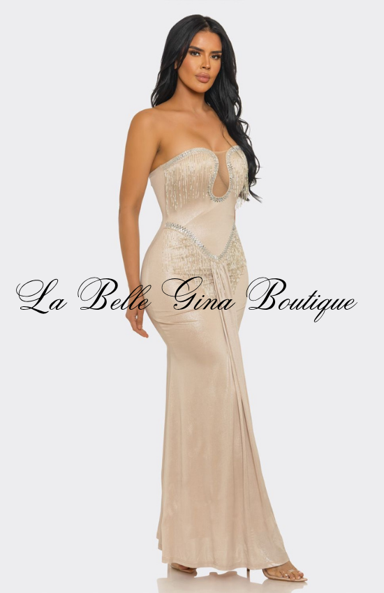 Strapless Rhinestone Fringe Maxi Dress | Elegant Mermaid Evening Gown