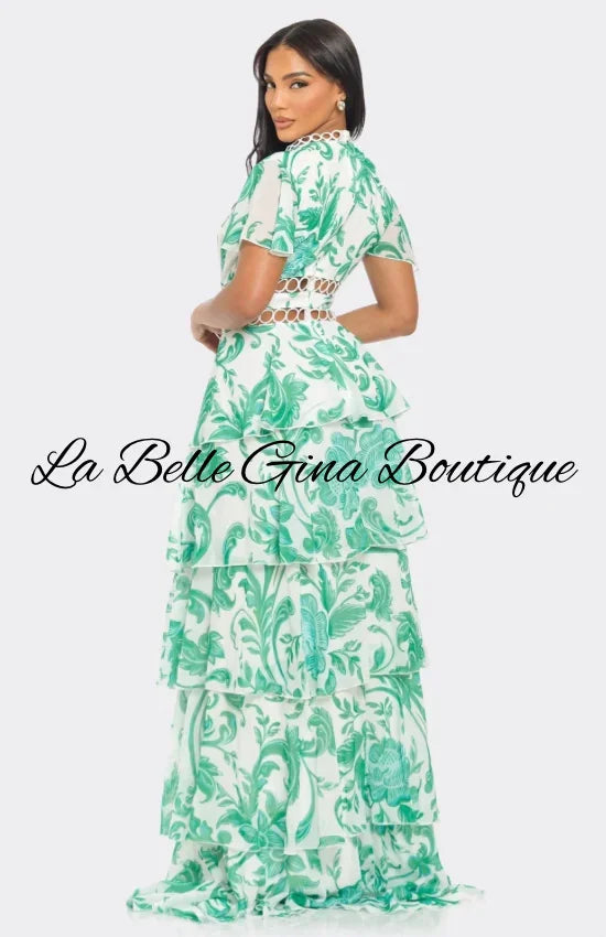 Tropical Print Maxi Dress with Cutout Waist & Tiered Skirt – Resort & Vacation Glam