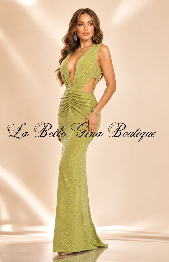 Luxe Rhinestone Cutout Maxi Dress – Deep V\-Neck Bodycon Formal Gown