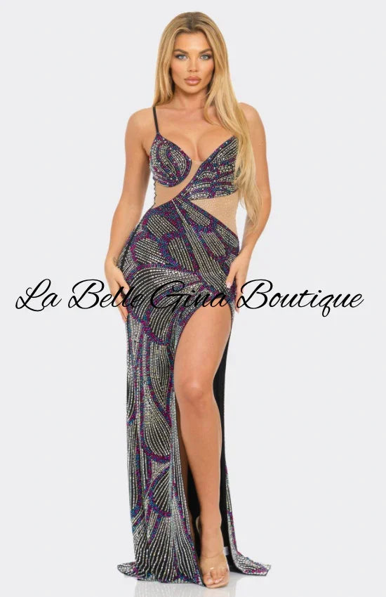 Glam Rhinestone Cutout Gown – Sparkling Evening Dress with High Slit