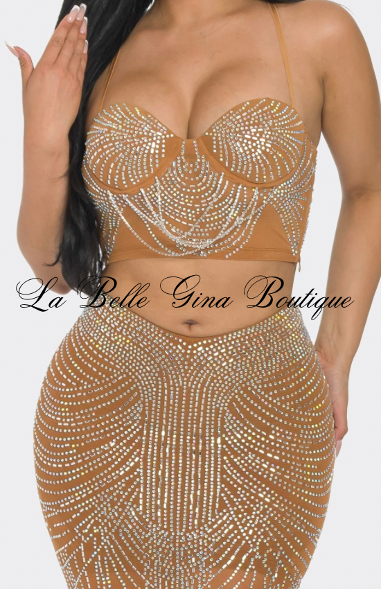 Rhinestone Two-Piece Skirt Set – Crystal Embellished Crop Top & Maxi Skirt | Glam Evening Outfit