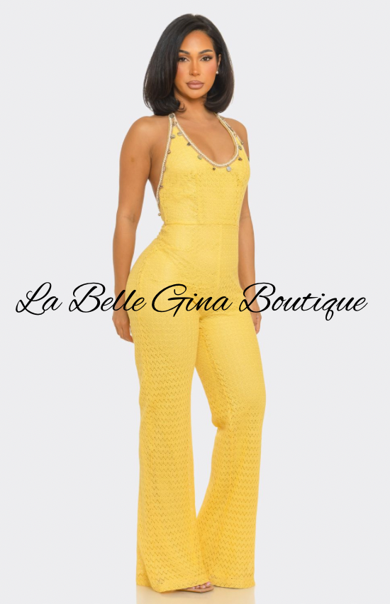Soleil Crochet Halter Jumpsuit | Elegant Wide Leg Vacation Jumpsuit | La Belle Gina Boutique