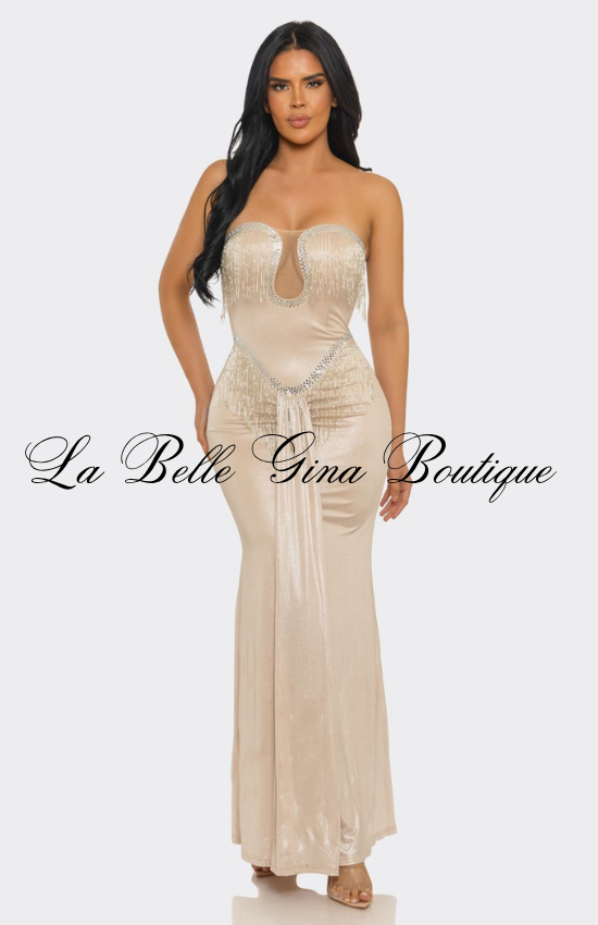 Strapless Rhinestone Fringe Maxi Dress | Elegant Mermaid Evening Gown