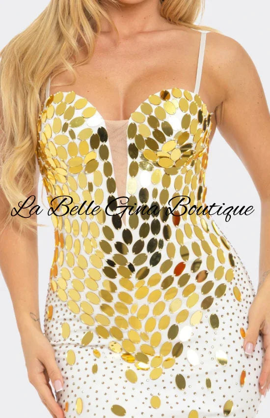 Elegant Gold Mirror Sequin Maxi Dress – White & Black Glam Evening Gown