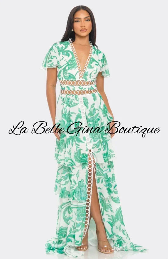 Tropical Print Maxi Dress with Cutout Waist & Tiered Skirt – Resort & Vacation Glam