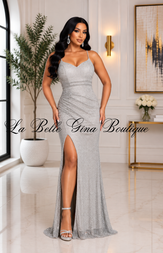 Midnight Radiance Rhinestone Maxi Gown – Sparkle Ruched High-Slit Formal Dress