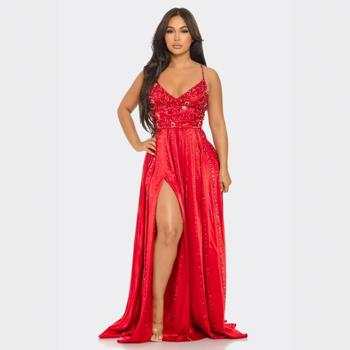 Gina Luxury Rhinestone Embellished Evening Gown – Long Prom, Gala & Red Carpet Dress