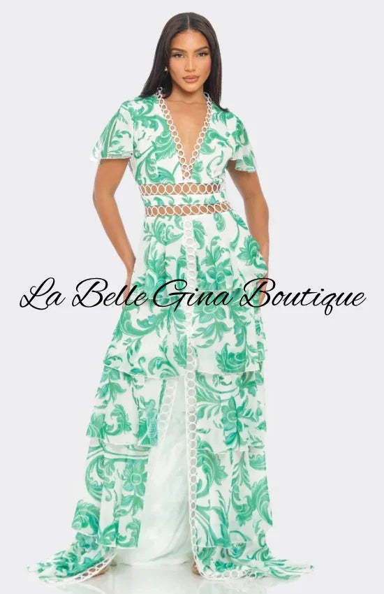 Tropical Print Maxi Dress with Cutout Waist & Tiered Skirt – Resort & Vacation Glam