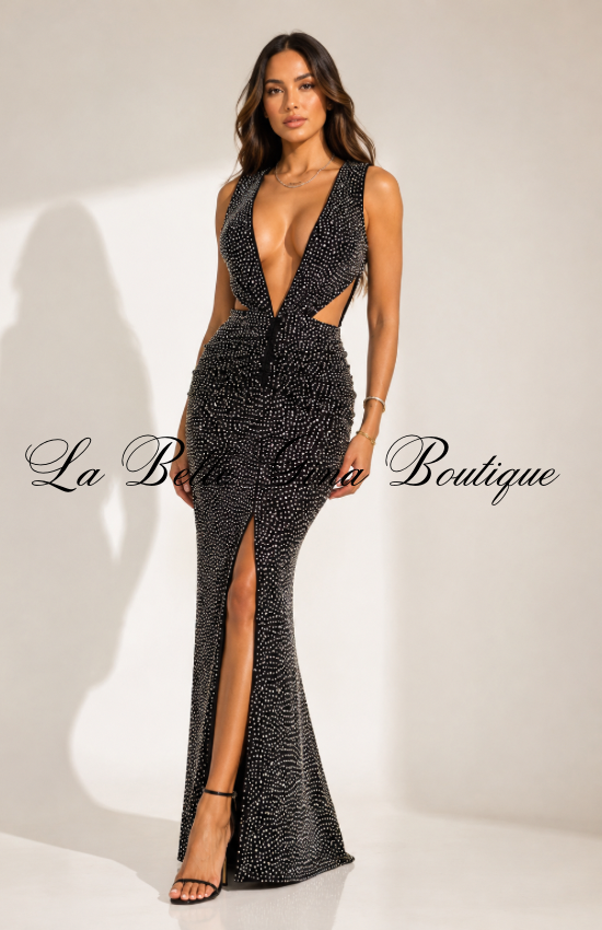 Luxe Rhinestone Cutout Maxi Dress – Deep V\-Neck Bodycon Formal Gown