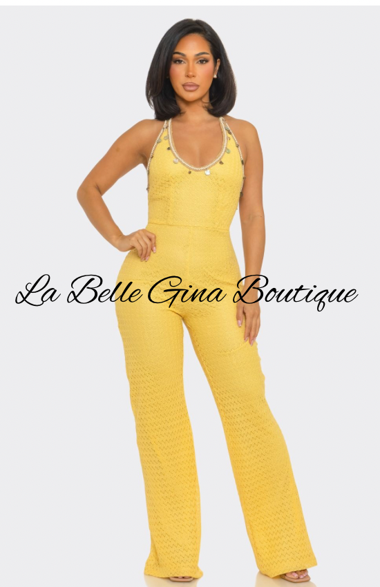 Soleil Crochet Halter Jumpsuit | Elegant Wide Leg Vacation Jumpsuit | La Belle Gina Boutique
