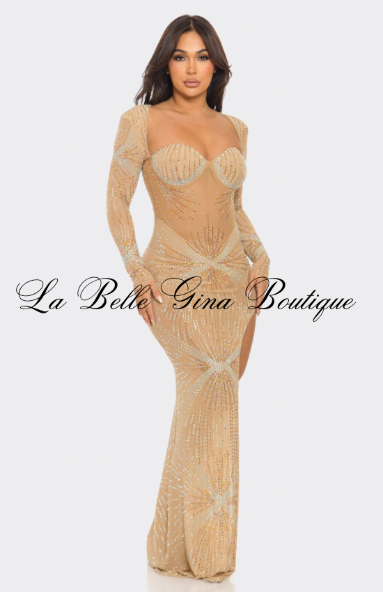 Sparkle Horizon Rhinestone Sheer Maxi Gown – Long Sleeve Cut-Out Slit Dress