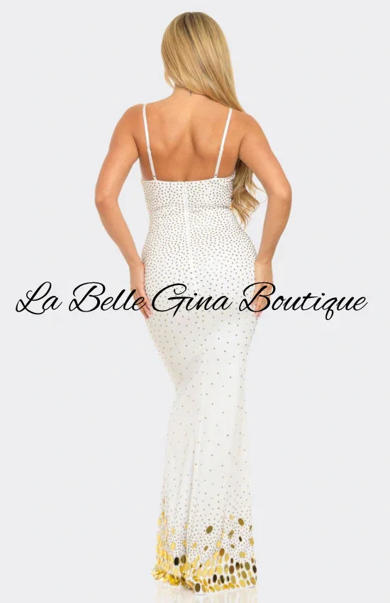 Elegant Gold Mirror Sequin Maxi Dress – White & Black Glam Evening Gown