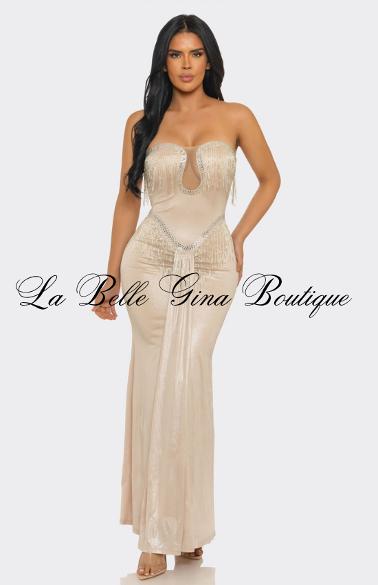 Strapless Rhinestone Fringe Maxi Dress | Elegant Mermaid Evening Gown