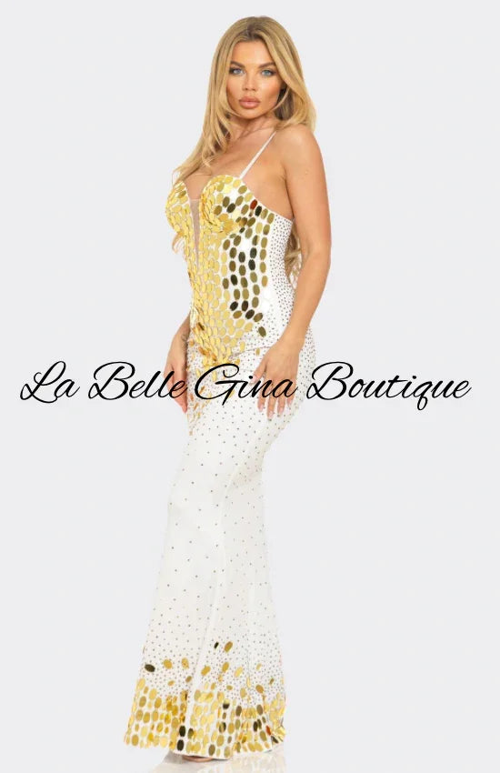 Elegant Gold Mirror Sequin Maxi Dress – White & Black Glam Evening Gown