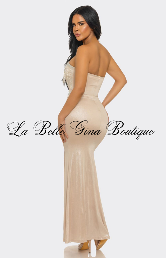 Strapless Rhinestone Fringe Maxi Dress | Elegant Mermaid Evening Gown