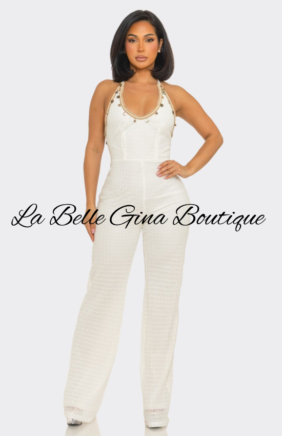 Soleil Crochet Halter Jumpsuit | Elegant Wide Leg Vacation Jumpsuit | La Belle Gina Boutique