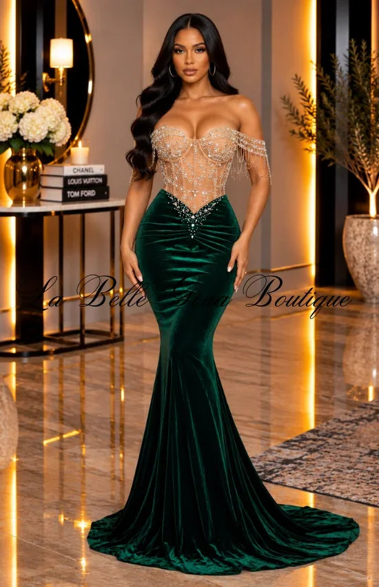 Royal Glam Rhinestone Corset Mermaid Maxi Dress – Luxury Off-Shoulder Velvet Evening Gown