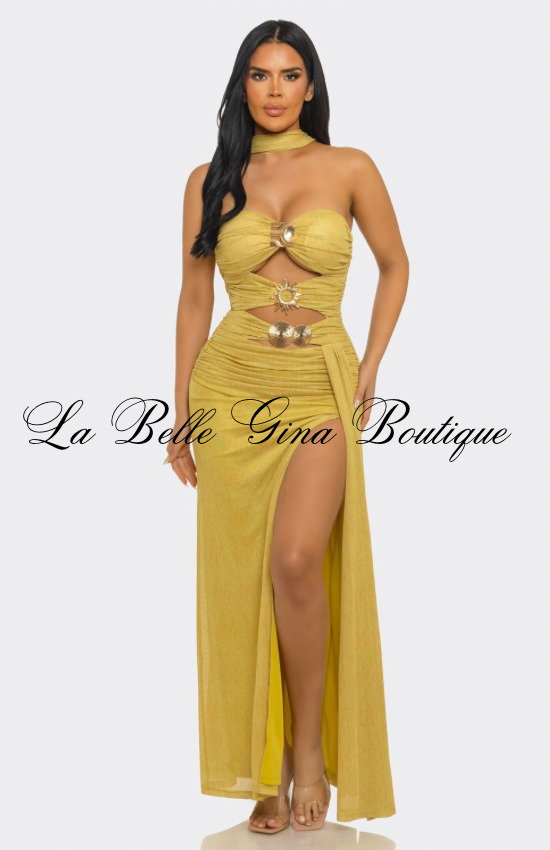 Women’s Ruched Cutout Maxi Dress with Gold Hardware – Strapless Bodycon Evening Gown with High Slit