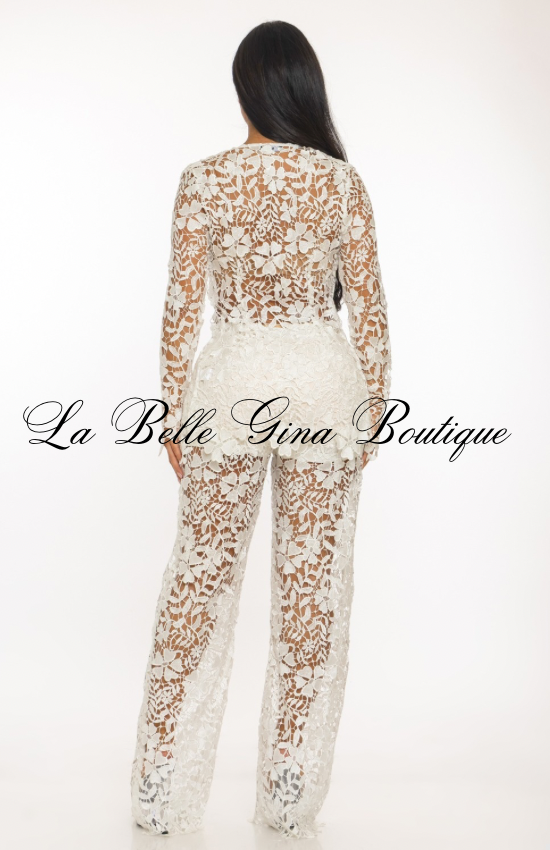 Floral Sheer Lace Jumpsuit Set – Elegant Long Sleeve See-Through Pantsuit | Evening, Birthday & Special Occasion Outfit