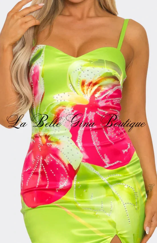 Tropical Paradise Hibiscus Maxi Dress – Sexy Slit Satin Vacation Dress | Summer Floral Bodycon Dress