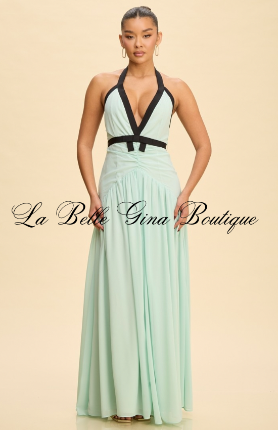 Mint Green Halter Maxi Dress – Backless Deep V Formal Evening Gown for Women